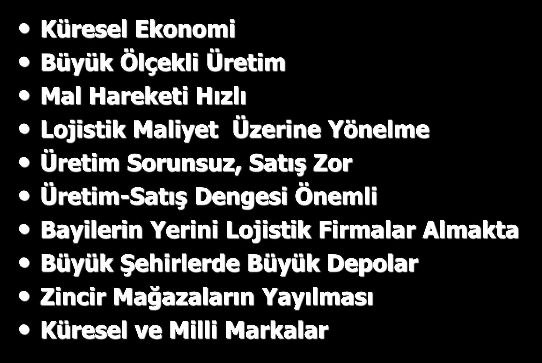 Günümüzde Tedarik Zinciri Küresel Ekonomi Büyük Ölçekli Üretim Mal Hareketi Hızlı Lojistik Maliyet Üzerine Yönelme Üretim Sorunsuz, Satış Zor