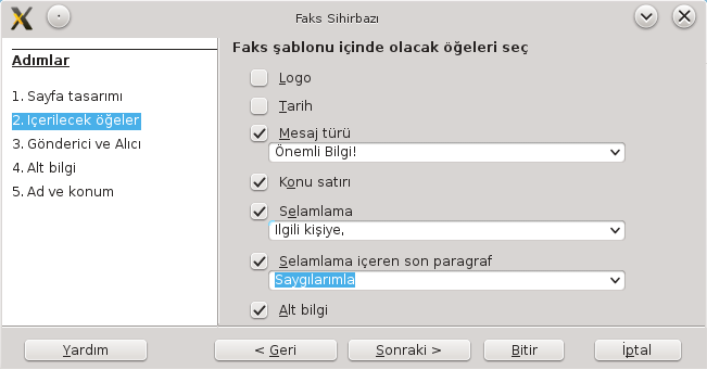 Resim 13: Şablonlar - Fax sihirbazı - İçerilecek ögeler 3. Gönderici iletişim bilgileri girildikten sonra fax belgesinin oluşturulacağı alıcılar belirlenir.