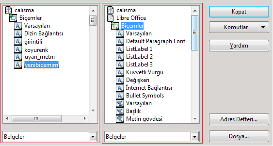 Resim 73: Başka bir belge ya da şablondan biçem aktarmak Dosya/Şablonlar/Yönet Penceresinde açık belgelerin biçemleri listelenerek fare ile sürüklemek suretiyle de belgeler arasında biçem aktarımı