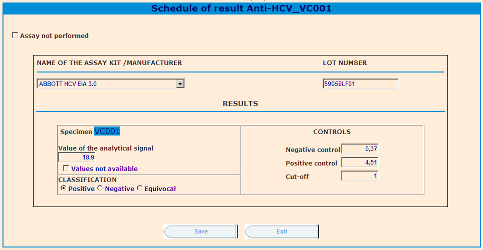 2. Konfirmasyon testi sonuç sayfasına erişmek için RESEARCH OF ANTİ-HCV ANTİBODİES CONFİRMATORY TEST işaretleyin. Aşağıya doğru açılan menüden, kitin adını seçin.