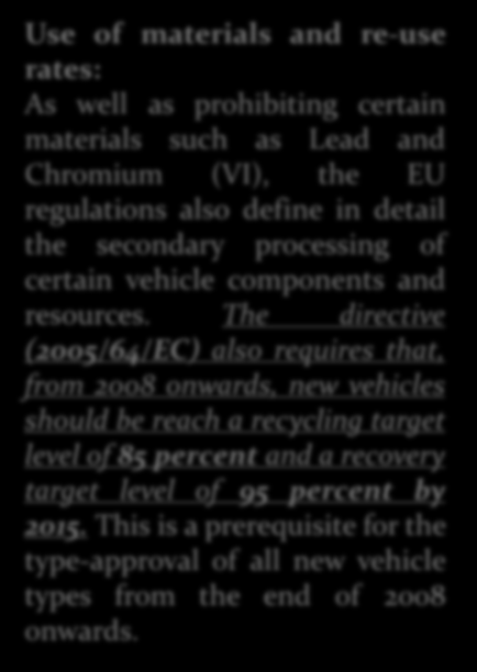 Definition according to EU directive for end-of-life vehicles 2000/53/EC: Reuse means any operation by which components of end-of life vehicles are used for the same purpose for which they were