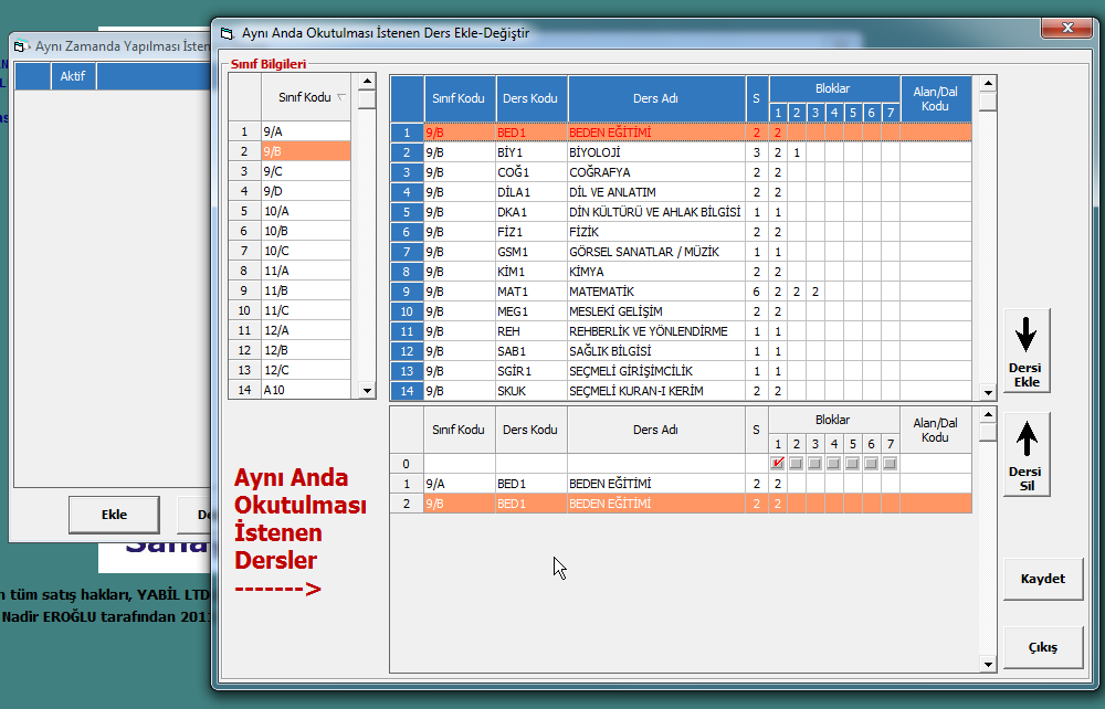 Ekle butonuna tıklayarak işe başlayınız. Önce soldaki tabloda sınıf seçin, ardından sınıfın dersini seçin. Daha sonra bu seçtiğiniz ders ile bir başka sınıf ve ders seçin.