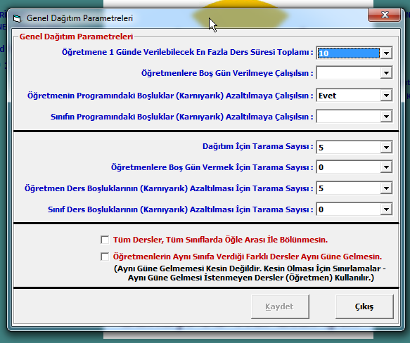 Ders Dağıtım Parametrelerinin Düzenlenmesi Otomatik dağıtım esnasında yazılımın dağıtım ayarlarıdır.