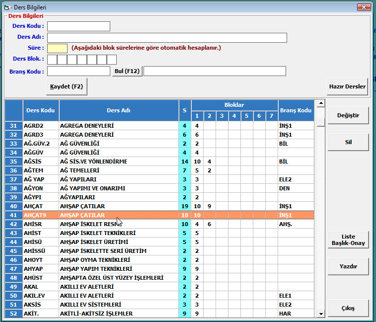 Böylece önceki çalışmadan kalan ders dağıtımı iptal edilmiş olur. Bundan sonra sırasıyla bilgilerin girişi ve eksiklerin giderilmesi gerekir.