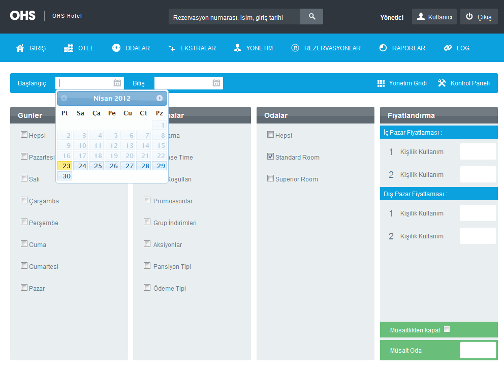 OHS Backoffice > Panel (Uzun Dönem) OHS uzun dönemli panel vasıtasıyla belirlenen tarih aralığında, istenilen günlerde veya tüm günlerde, bahsi geçen tüm yönetim uygulamalarını (Kısıtlama, Release