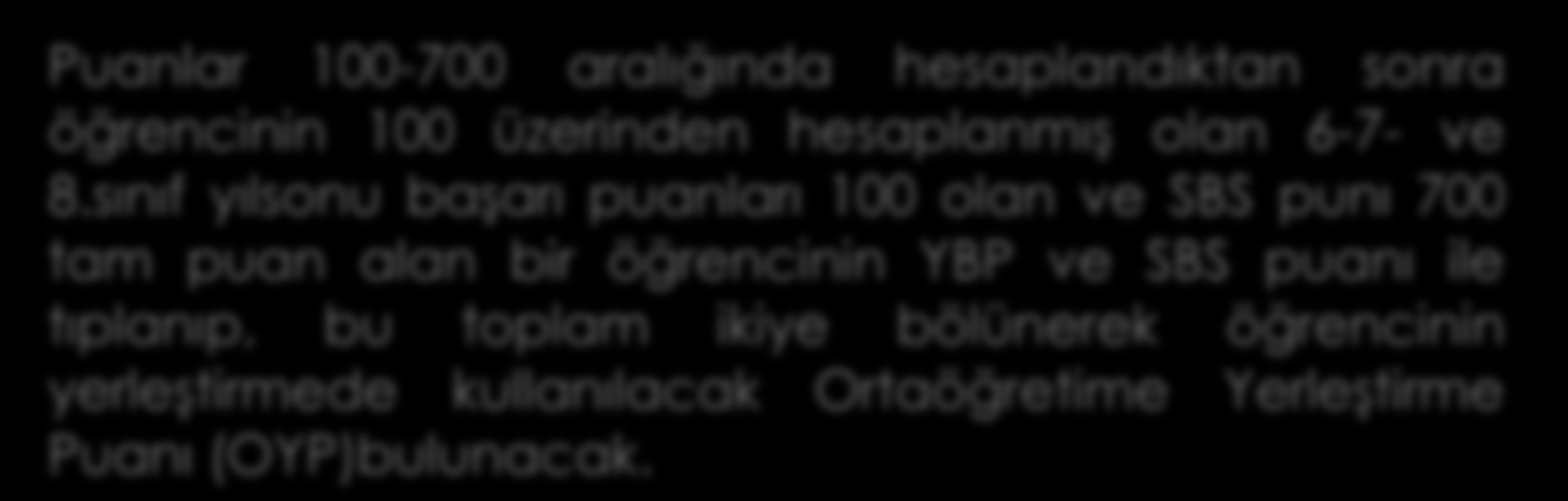 Puanlar 100-700 aralığında hesaplandıktan sonra öğrencinin 100 üzerinden hesaplanmış olan 6-7- ve 8.