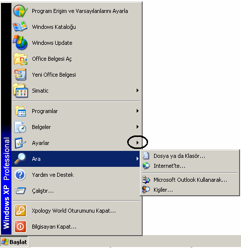 A.19 Başlat (Start) Menüsü Başlat menüsü, Windows un en kullanışlı özelliklerinden biridir. Menülere ve düğmelere sol fare ile bir kez tıklanır. Başlat menüsü, görev çubuğunun sol alt köşesindedir.