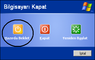 Hazırda Beklet Seçeneğinin Bilgisayarı Kapatma Ekranında Gösterilmesi Hazırda Beklet seçeneği ise bilgisayarı kapatmadan önce açık olan tüm programların durumunu ve o andaki masaüstü ve ekran