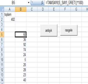 Clear Set y = ActiveCell For i = 1 To 10 y(i) = "=int(rand()*100)" Next Range("a1") = "toplam" Range("a2") = "=sum(a3:h20)" Soru:İstenilen hücreye sayı üretme ve hesaplama işlemi Kullanıcı activecell