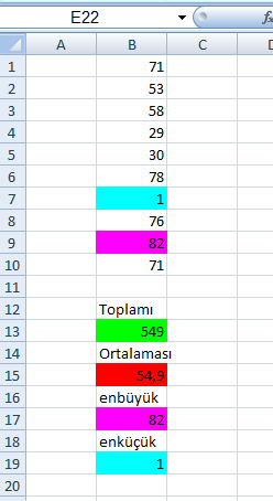 30 Soru:Ardışık verileri listeleyelim ve toplamını alalım. İkinci kısımda rasgele üretip toplamını alalım Sub Düğme1_Tıklat() Range("a1:h20").