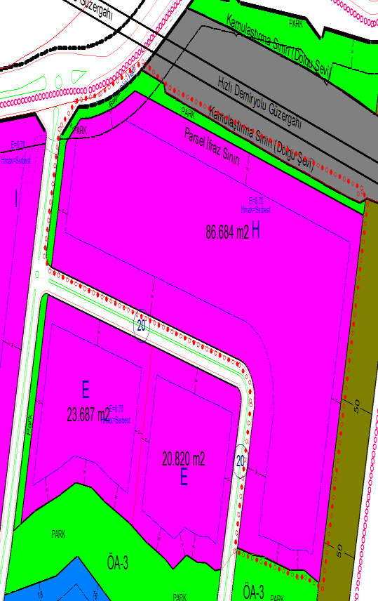 8.9 OSB nin kuzeydoğusunda yer alan H tipi parselin ve kuzeyinde yer alan park alanın düzenlenmesi Mer i planda 83134 m 2 büyüklüğünde H tipi sanayi kullanımlı parselin kuzeyinde yer alan park