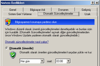 Otomatik Güncelleştirmeleri Etkinleştirmek MS Windows XP Denetim Masası =>