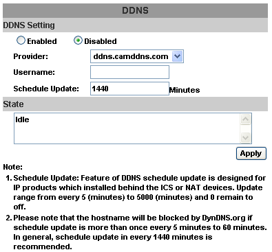 Camddns service: 1. Lütfen bu servisi etkinleştirin 2. Kullanıcı adı (username) girin. 3. IP Schedule (Prgram) güncellemesi varsayılan larak 5 dakikadır 4. Apply (uygula) seçeneğine tıklayın.