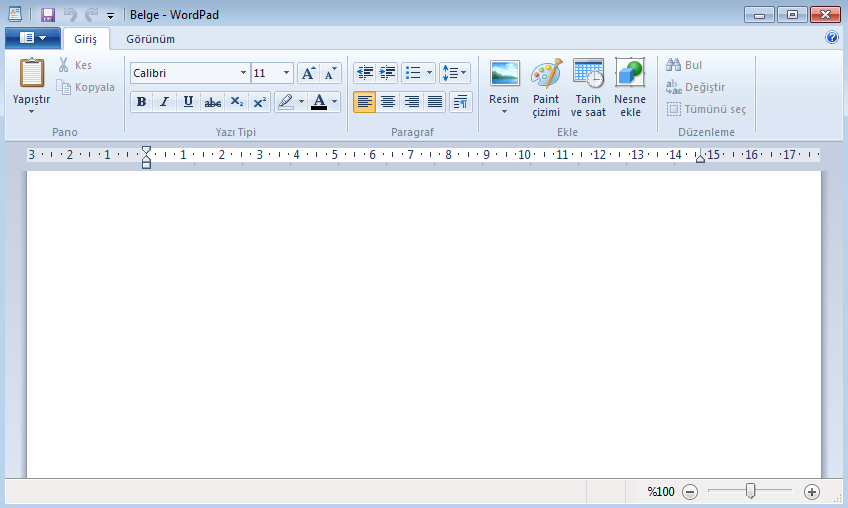 WordPad Wordpad, resim grafik ve metin biçimlendirme işlemlerini desteklemektedir. WordPad Windows 7 işletim sistemi ile birlikte gelen bir kelime işlemci programıdır (Resim 6).