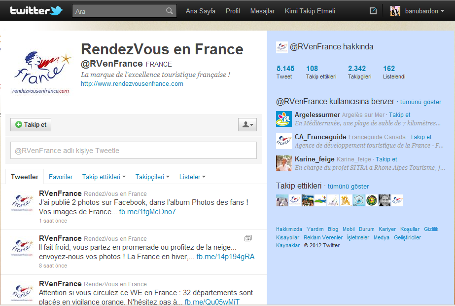 Resim 3.2 Fransa nın Twitter Sayfası Kaynak: (twitter.com, 2012) 3.2.1.3 Youtube da Fransa 6 Rendezvous en France, 14 Haziran 2011 tarihinden beri Youtube da yer almaktadır.
