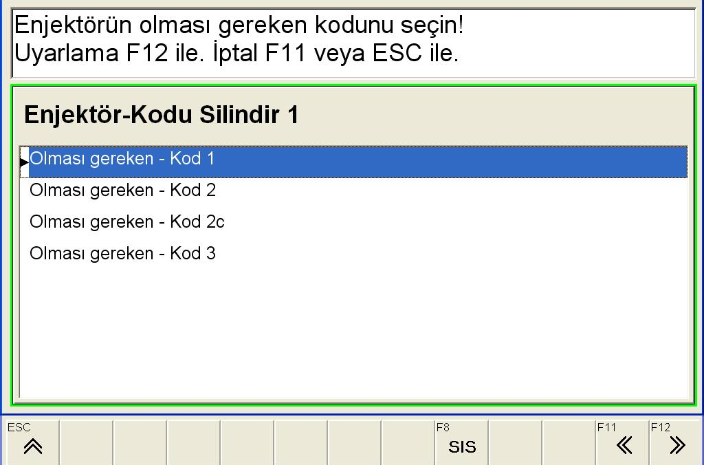 Menüde ilerlerken ekrana gelen bilgi mesajları dikkatlice okunur. Enjektör kodları sırası ile bilgi ekranından seçilir. Resim 3.