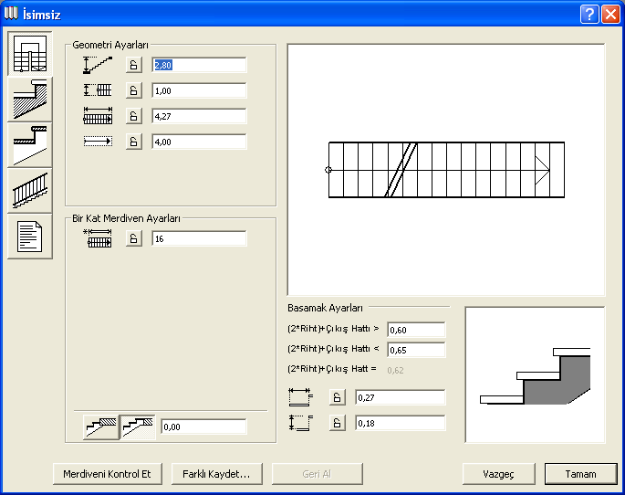 ARCHICAD 9 İLE KOLAY MİMARİ MODELLEME ve GÖRSELLEŞTİRME Merdiven Tipi Seçimi iletişim kutusundaki geçerli seçenek olan Tek kollu düz merdiveni seçilmiş olsun.