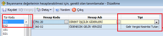 Muhtasar Beyannamede 011 ve 012 hesap türleri için yöntem değişikliği 11 ve 12 nolu alanın bilgileri beyan oluşturma da otomatik getirilmesi sağlanırken, beyan tanımlarına seçilen muhasebe kodundan