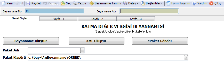 E-beyanname Beyanname bölümlerinin üzerinden e-paket hazırlanıp internet vergi dairesine gönderilme işlemi yapıldı.