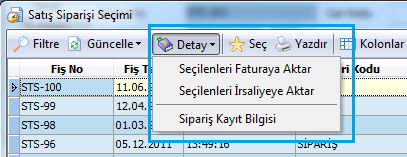 Sipariş Bölümünde eklenenler Sipariş seçim ekranından bir siparişi 'siparişi faturaya aktar' ya da irsaliyeye aktar seçildiğinde aktarılacak siparişin kullanımda olup olmadığı kontrol edilerek ilgili