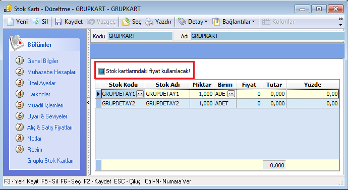 - Gruplu Stok Kartları sayfasına Stok kartlarındaki fiyat kullanılacak seçeneği eklendi. Bu sayede giriş-çıkış işlemlerinde, gruba uygulanan fiyat veya normal ürün fiyatının kullanılması sağlandı.