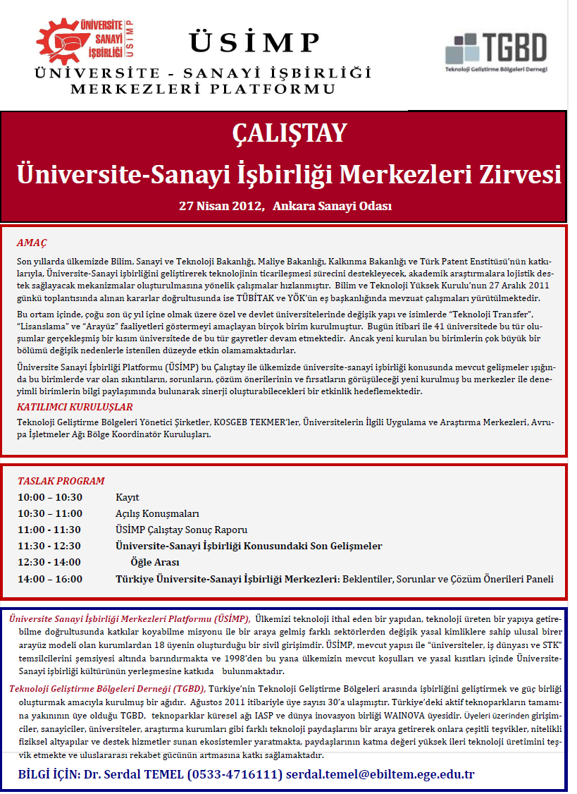 Üniversite-Sanayi İşbirliği Merkezleri Zirvesi 27 Nisan 2012 tarihinde Teknoloji Geliştirme Bölgeleri Derneği ile işbirliği içinde Ankara Sanayi Odasının ev sahipliğinde Farklı düzeylerde