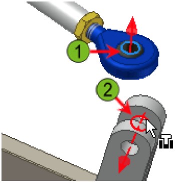 7. Bir başka insert constraint: eklemek için: Bağlantı çubuğunun (1) diğer ucu üzerindeki dairesel kenarı seçin. Gösterildiği gibi diğer çubuk ucu sıkıştırma somununun (2) dairesel kenarını seçin.