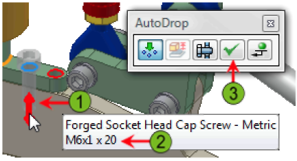 Socket Head öğesini seçin. Destek bileşenindeki bir deliğin üzerine imleci getirin. Yeşil onay işareti belirdiğinde bir kez tıklayın ve araç ipucu bileşenin boyutunu göstersin. 7.