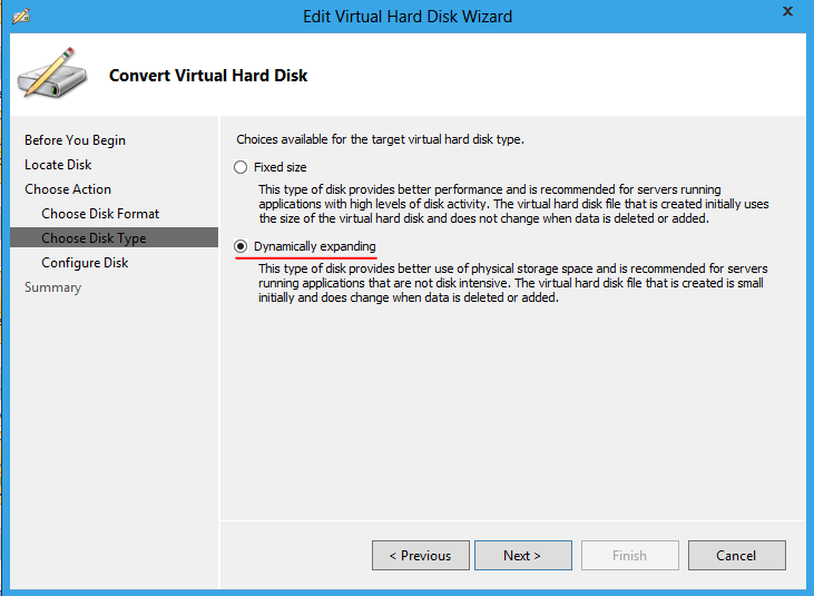 Convert Virtual Hard Disk -09 Choose Disk type ekranında ise convert edeceğimiz sanal diskimizin disk tipi ne olacak hatırlarsanız benim disk tipim fixed dı.