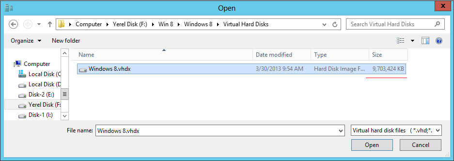 Compact Disk Virtual Hard Disk-01 Hyper-V manager açalım ve Actions kısmında Inspect disk (Disk denetlemek) tıklayalım.