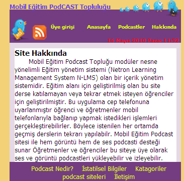 Şekil 5 de görülen mobil eğitim podcast sitesinin Ana Sayfa sına, WIFI bağlantı özellikli bir akıllı telefondan bağlanılmakta ve hazırlanan web sayfasına en son eklenen podcastler görülmektedir.