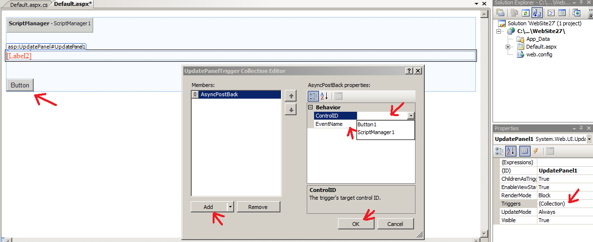 public partial class _Default : System.Web.UI.Page Label1.Text = DateTime.Now.ToString() ; //Burayı güncellemez çünkü label1 Update panelin içinde degildir. Label2.Text = DateTime.Now.ToString(); //buton ve label2 update panelin içinde olduğu için burasını her tıkladığımızda günceller.