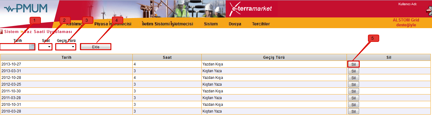 Şekil 20: Gün Öncesi Piyasası Resmi Tatil Günleri Sisteme önceden kaydedilmiş olan tatil günleri buradan görüntülenir.