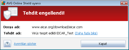 bildirim, AVG'nin bilgisayariniza dogru bir sekilde yüklenmis oldugunu gösterir. http://www.eicar.com web sitesinden EICAR 'virüs' sikistirilmis sürümünü (örn. eicar_com.