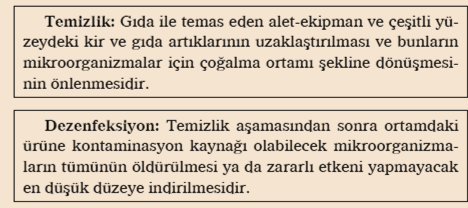 79 80 GIDA İŞLETMELERİNDE TEMİZLİK VE DEZENFEKSİYON Hammaddenin işletmeye girmesinden son ürün elde edilmesine kadar üretimin tüm aşamalarında, ürüne çeşitli kaynaklardan mikroorganizma