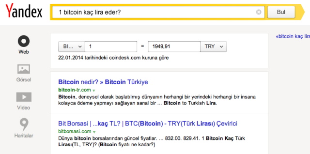 Yandex Türkiye, Bitcoin i Kur Hesaplarına Ekledi Yandex özellikle geçtiğimiz yıldan bu yana tüm dünyada olduğu gibi Türkiye de de yoğun ilgi görmeye başlayan Bitcoin in kur değerini Türk lirası