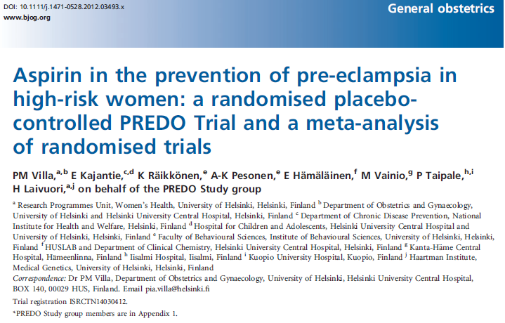152 yüksek riskli gebe kadın günde 100 mg aspirin için randomize edilmiş ve preeklampsi açısından bulunamamış.