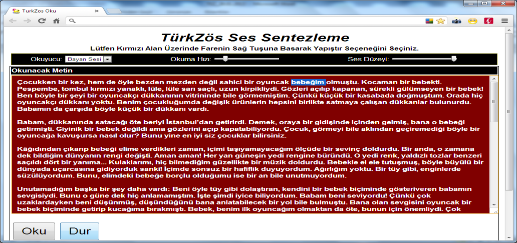 72 Nursal ARICI -Abdülkadir KARACI Ses Sentezleme Bileşeni Resim 2: Sayfa izleme süresi ayrıntılı liste Bu bileşen vasıtasıyla öğrenci TÜRKZÖS de içerik olarak bulunan okuma parçası ya da istediği