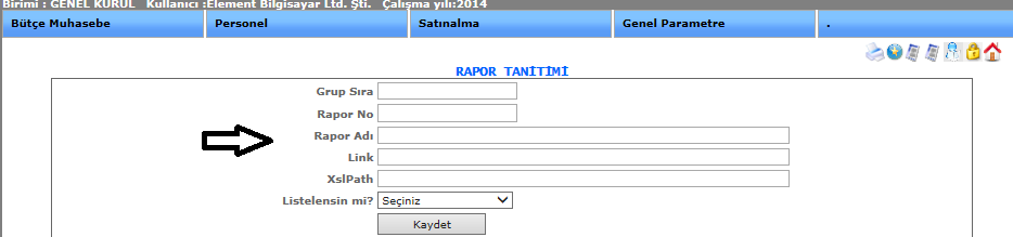 Rapor tanıtım ekranına girebilmemiz için genel parametre menümüzden kullanıcı işlemleri ve onun alt menüsünden de rapor tanıtımı seçerek ekranımızı açabiliriz.