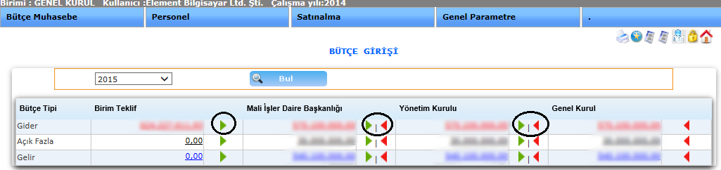 Bütçe girişi işlemlerimize girebilmemiz için, bütçe muhasebe menümüzden veri girişlerini, alt menüsünden bütçe işlemlerini ve onun alt menüsü olan bütçe girişine tıklayarak ekranımızı görebiliriz.