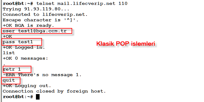 POP3 Komutları Telnet üzerinden POP3 destekli sunucuya bağlanıp e-postalar