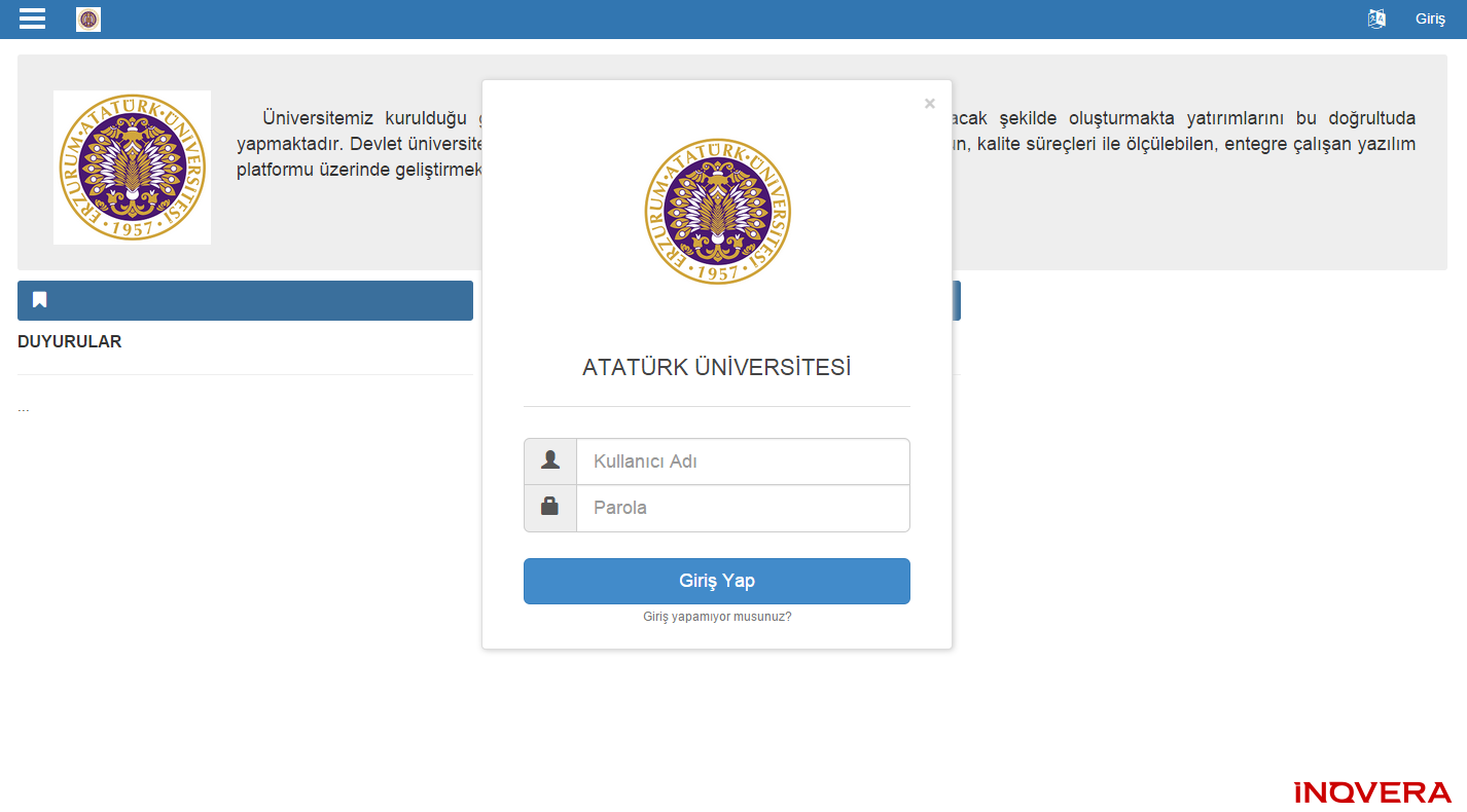 2.1.1 Sisteme Giriş Yapılması Şekil 2 Portal/Anasayfa Üniversite Bilgi Yönetimi portal sayfasında sağ üst köşede bulunan Giriş butonuna basılır.