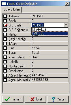 Ekranda sadece parsellerin kaldığı görülür.netcad\düzenle menüsü altındaki Toplu Obje Değiştir işlemine girilir. Bu işlemden sonra Özellikleri Değiştirilecek Objeleri seçmemiz istenir.