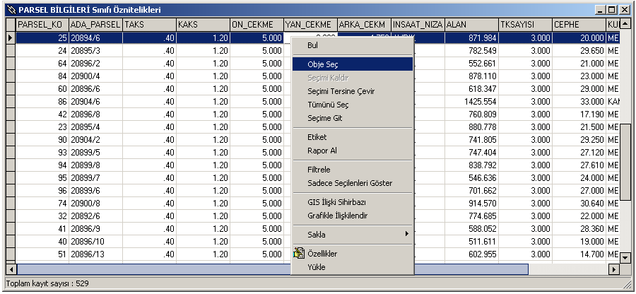 Bu özellik veritabanında aranılan kayıda kısa sürede ulaşmayı sağlamaktadır.mesela 20907/1 numaralı parseli seçmek istiyoruz.