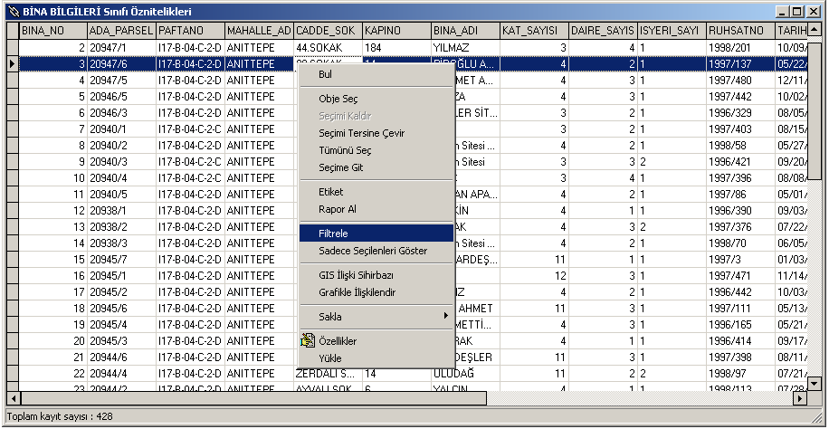 15.5 Filtrele Bağlantı Yöneticisinde tanımlanan tablolar üzerinde Filtreleme özelliklerini kullanarak verdiğimiz kriterlere uyan kayıtları seçtirebilir ve grafik karşılıklarını ekranda
