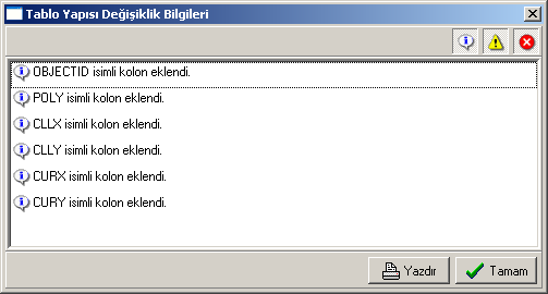 Eklenen kolonlardan OBJECTID, eğer daha önceden tanımlanmış bir anahtar kolon varsa silinebilir. Bunun için satır aktifken sağ tuşa basılarak Kolon Sil adımı izlenir. Tamam ile işlem tamamlanır.