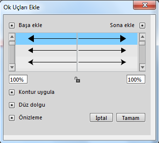 Çizgiyi seçtikten sonra Komutlar / Yaratıcı / Ok uçları Ekle komutunu kullanınız. Resim 5.