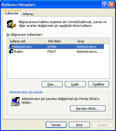 Denetim Masası Kullanıcı Hesapları Windows XP de farklı kullanıcılar tanımlayarak bir bilgisayarı birden fazla kişinin kullanması sağlanabilir.