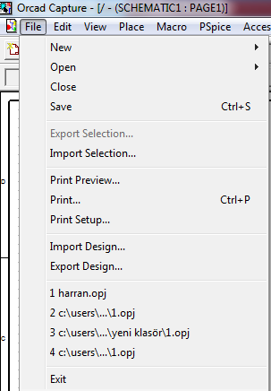 2.1.Orcad Menüsünün Tanıtımı: 2.1.1. File Menüsü: New: Bu seçenek yeni bir proje veya dizayn başlatmakta kullanılır. Open: Bu seçenek daha önceden kayıtlı bir projenin veya devrenin açılmasını sağlar.