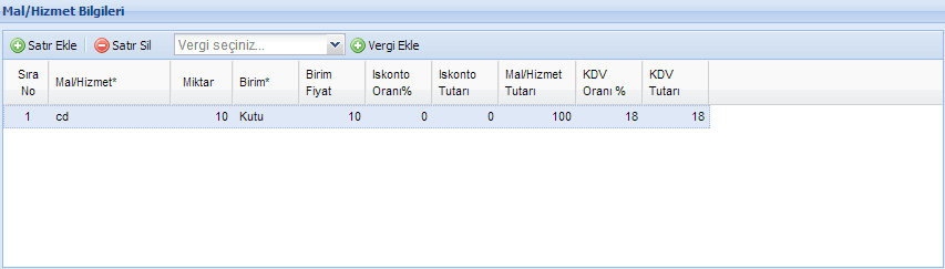 Mal/Hizmet Bilgileri Bölümünde satılan mal ve/veya hizmete ilişkin bilgiler gösterilir. Mal/hizmet bilgisi girmek için Satır Ekle butonuna tıklanır.